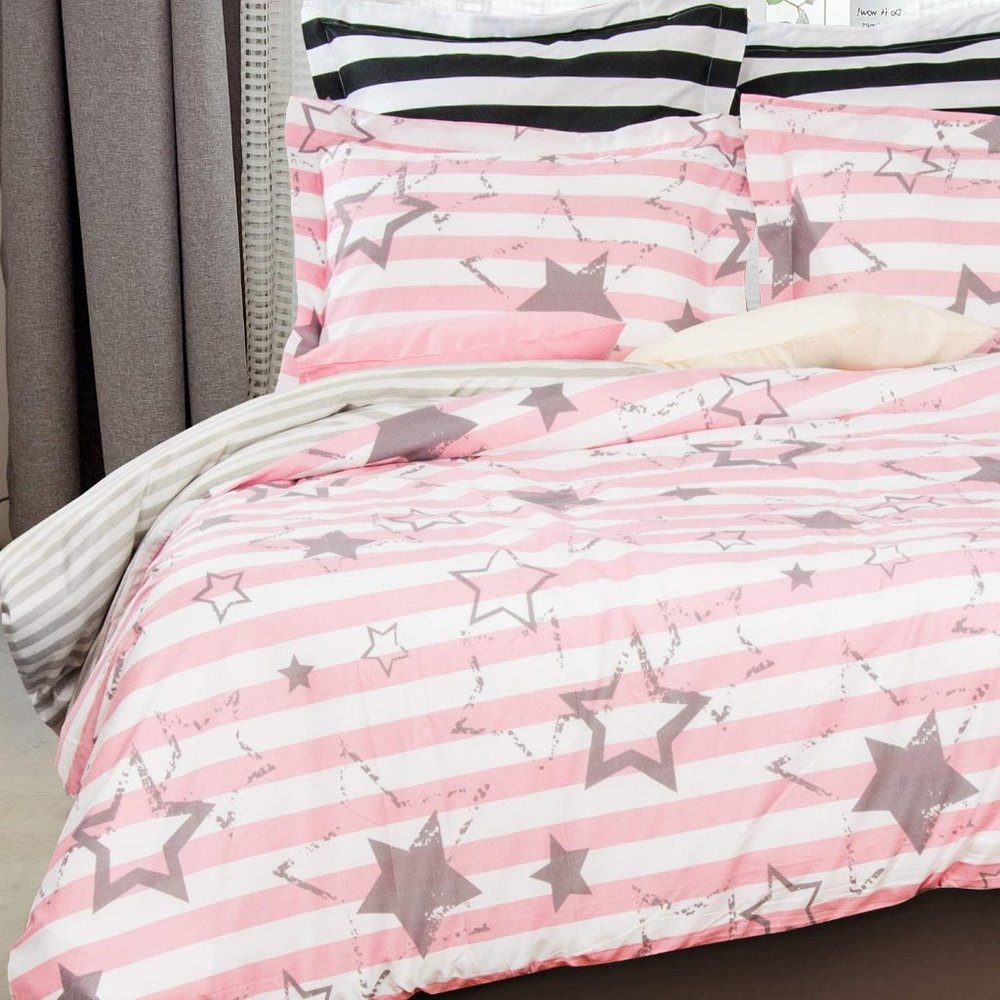 Pink and White Stars Printed King Duvet Cover Set